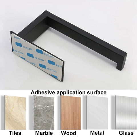 Self Adhesive Stainless Steel Toilet Paper Holder Matte Black Finish No Drill Easy To Install Rustproof Paper Roll Rack shown with surfaces