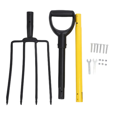 46 Inch Garden Spading Fork With 4 Tines And Y Grip Heavy Duty Iron Construction laying disassembled with handle and bolts