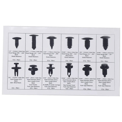 Rig Ready Black Nylon Push Type Retainer Clip Assortment Kit For Auto Bumper Fender Liner Trim Panel Fasteners, various sizes and types.