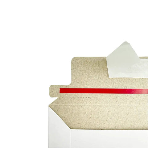 Close-up of adhesive seal on a 22 Pack White Rigid Mailers 9.25 X 11.5 Inches Heavy Duty Cardboard Mailers That Keep Your Flat Stuff Flat