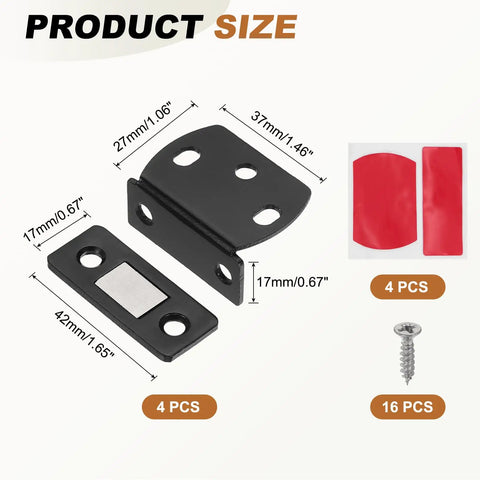 Ultra Thin L Shape Stainless Steel Cabinet Door Magnets Four Pack with dimensions and mounting options displayed