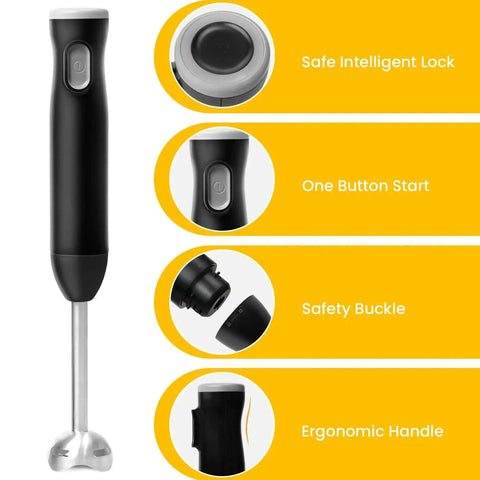 Rechargeable Cordless Immersion Blender With Sweet Egg Whisk Attachment Kickass Handheld Stick Mixer showing ergonomic handle and one-button start.