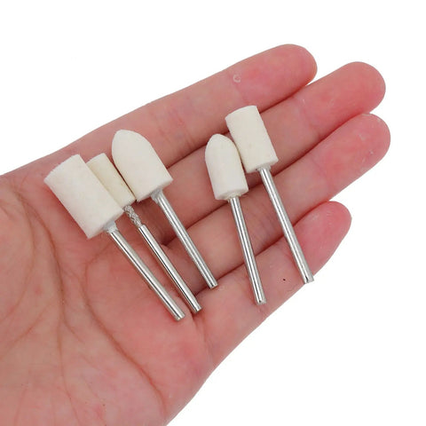 Premium Mounted Mandrel Polishing Wheel With 3Mm Shank For Drill, 100Pcs Wool Felt Buffing Bits in a hand, showcasing white felt pads.