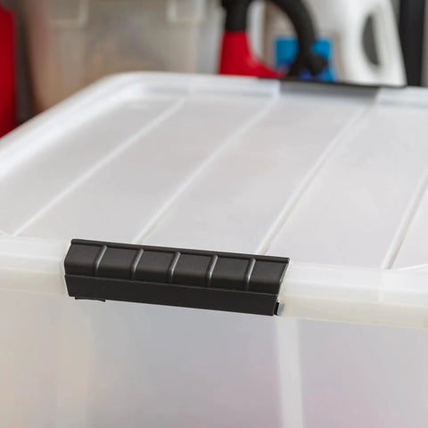 Close-up of 60 Quart Plastic Storage Box With Secure Buckles And Pull Out Design For Home Organization Pearl White Stackable Container