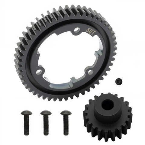 Beefed-Up 50T M1.0 Hardened Steel Spur Gear With 18T Pinion Gear for Tough RC Builds, including screws and parts