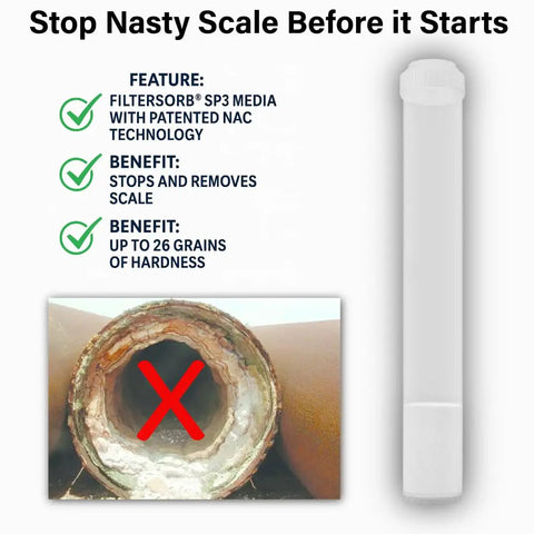 Top Shelf 20 Inch Slim Line Drop In Water Filter Replacement with Filtersorb SP3 media shown stopping scale in pipes.