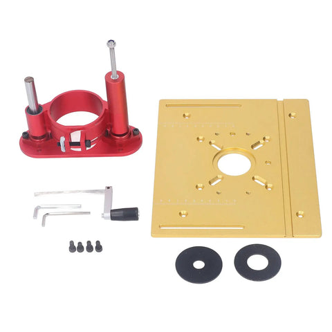 Router Lift System Kit With Bulletproof Base Plate Insert For Woodshop Tables Precise Bit Adjustment with red lift and gold table.
