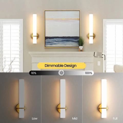 Two Pack Gold Bathroom Wall Sconces 18 Inch Modern LED Dimmable Wall Lights With Acrylic Lampshades Brushed Gold Finish in living room