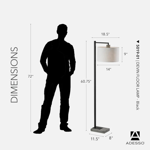 Black Floor Lamp With White Fabric Drum Shade, Three Way Dimmer, 60.75 Inch Tall Standing Light For Bedroom And Living Room next to silhouette illustrating dimensions