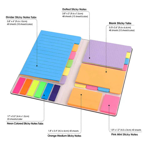 Sticky Notes Set For Journaling And Planning, self stick note pads with ruled, dotted, and blank notes in neon colors for organization.
