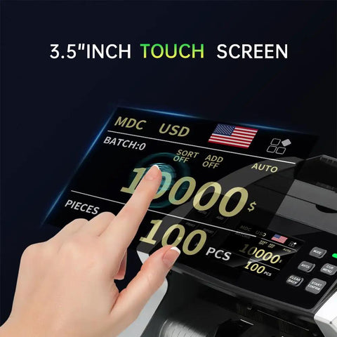 Touch screen of Mixed Denomination Money Counter With Bank Grade CIS UV MG IR Counterfeit Detector, showing cash count
