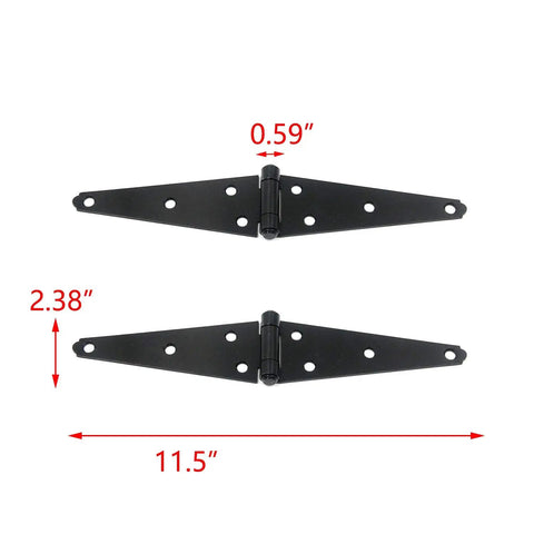 Premium Black Powder Coated Iron Strap Gate Hinges For Fences And Sheds, 6 Inch Heavy Duty Folding Hinge Kit showing dimensions.