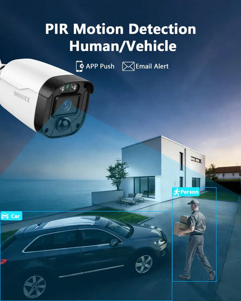 5MP Full HD Wired Outdoor Security Camera System For 24 Seven Home Surveillance With IR Night Vision Up To 80 Feet And Weather Ready Cameras With Plug And Play Setup detecting person and vehicle