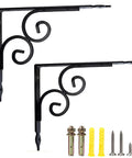 Heavy Duty Corner Brackets Four Pack L Shape Shelf Supports Rust Proof Iron Angle Braces with decorative scrolls for wall mounting.