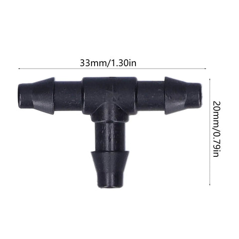 Drip Irrigation Tee Connectors Kit For 4/7 Inch Hose, showing dimensions, part of 100 Pack Garden Fittings