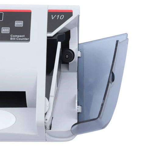 Close-up view of Mini Portable Money Counter Machine, Compact Bill Counter with open lid and interior details.