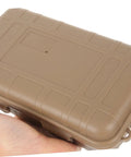 Close-up of khaki Tough Mud Color Outdoor Storage Box Shockproof All Purpose Case for camping, hiking, and field gear.