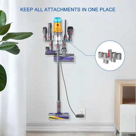 Accessory Holder For Dyson Cordless Vacuum Docking Station Organizer Fits V15 V11 V10 V8 V7 Outsize Gen5 Absolute Animal Detect No Drill Storage For Attachments And Parts installed on wall with vacuum and tools.