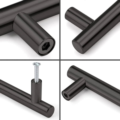 Close-up of 2 Pack Round Bar Cabinet Pulls Matte Black Finish Euro Style T Bar Handles With 3 Inch Center To Center Mounting