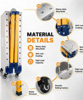 Material details of Portable Welding Table And Rollable Fabrication Workstation With 1200 Pound Capacity showcasing heavy-duty build and components.