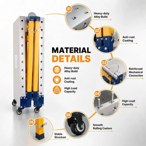 Material details of Portable Welding Table And Rollable Fabrication Workstation With 1200 Pound Capacity showcasing heavy-duty build and components.