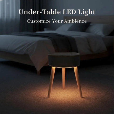Fast 1500W PTC Ceramic Space Heater With Side Table Design shown in a bedroom, under-table LED light illuminating the floor.