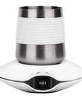 Smart Two In One Electric Cup Warmer And Rapid Beverage Chiller For Office Desk, stainless steel cup on white base.