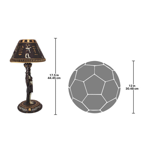 Isis Goddess Desk Table Lamp Egyptian Mythology Decor Sculptural Stone Resin Accent Light in Black and Gold Finish with size comparison