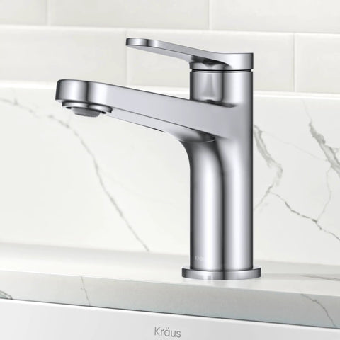 Indy Single Handle One Hole Bathroom Sink Faucet In Brushed Gold With Solid Brass Build And Corrosion Resistant Finish For Leak Free Performance And No Fuss Smooth Temperature And Flow Control.