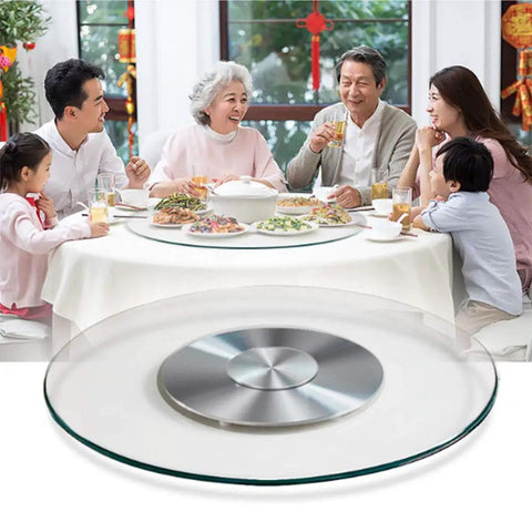 Heavy Duty Glass Lazy Susan Turntable With Sturdy Metal Base And 360 Degree Spin for family dining, featuring large glass surface
