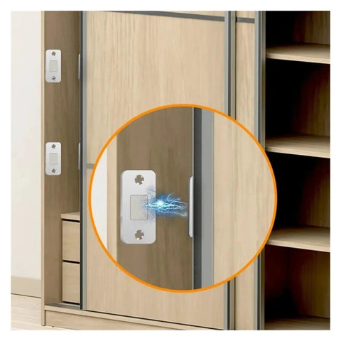 Ultra Thin Magnetic Cabinet Catches With Invisible Magnets Self Adhesive Furniture Latch Six Set Silver installed on wardrobe door
