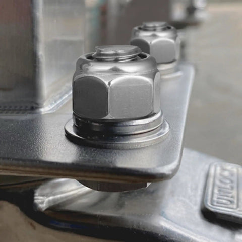 Close-up of assembled 304 stainless steel nylock nut from SAE Lock Nuts Assortment Kit 136-Piece Nylock Locknut Set In Inch Sizes.