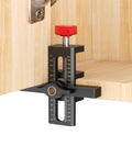 Cabinet Door Mounting Jig With Quick Edge Positioner attached to wooden cabinet for precise alignment and 90-degree accuracy