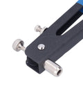 Heavy Duty Manual Rivet Gun Kit With Stainless Steel Spindle And Aluminum Alloy Arms Includes Five Pole Covers For M3 To M8 Rivets Perfect For Automotive Work And Household Repairs That Are Tough To Handle close-up of nose tip and adjustment screw