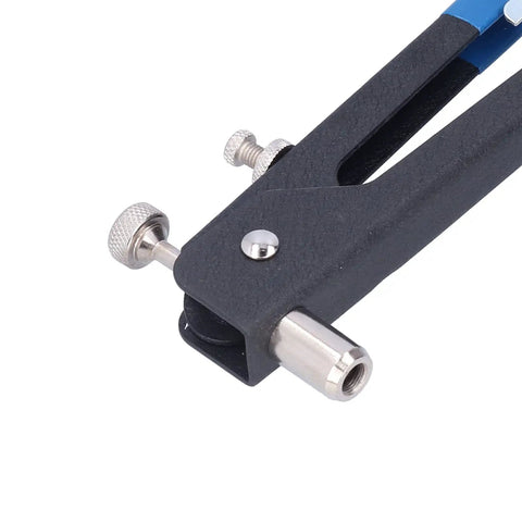 Heavy Duty Stainless Steel Rivet Kit With Aluminum Alloy Body Portable Manual Riveting Tool For Woodworking And Home Decor Upgraded Arms That Are Totally Rad And Built To Last Through Hardcore Projects close-up of steel nosepiece