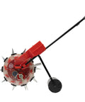 Easy To Use Manual Seed Planter With Hand Push Roller Seeder For The Garden, side view with 10-port seed dispenser.
