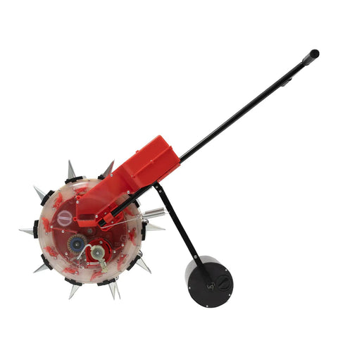 Easy To Use Manual Seed Planter With Hand Push Roller Seeder For The Garden, side view with 10-port seed dispenser.