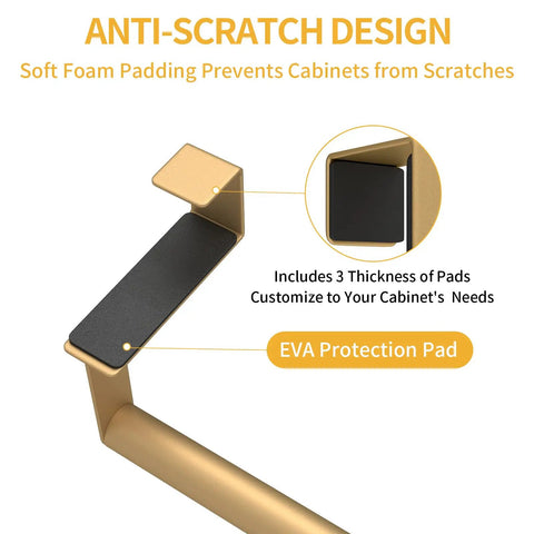 Over The Cabinet Door Towel Rack 2 Pack Gold Stainless Steel Kitchen Towel Holder with soft foam pads detail