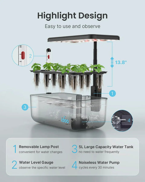 12 Pod Indoor Led Hydroponic System Kit With Self Watering 5L Reservoir Transparent Grow Station showing water level features