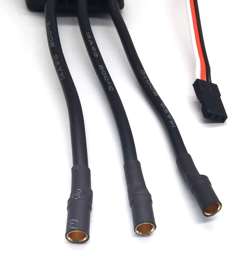 Close-up of 60A RC ESC For Drones And Planes 3S To 6S with 3.5mm bullet plugs and XT60 leads.