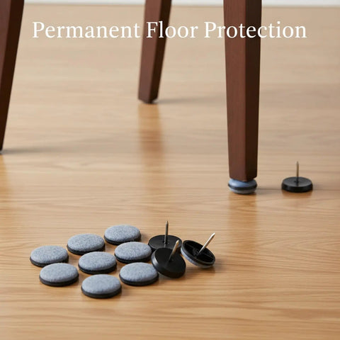 Nail On Wool Felt Furniture Glides For Chairs And Tables 0.75 x 0.26 Inch Black Floor Protectors shown next to chair leg on wood floor