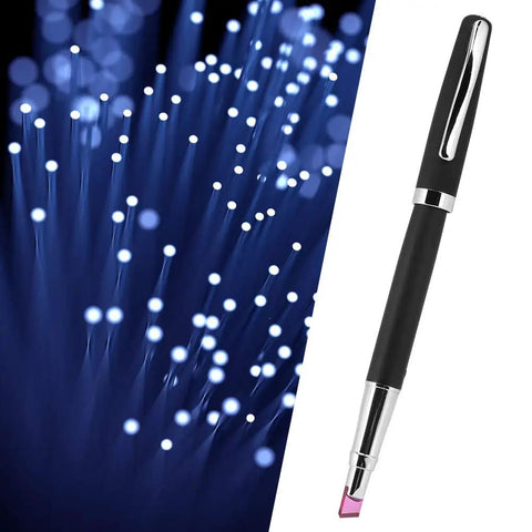 Heavy Duty Pen Style Fiber Optic Cleaver Featuring Precision Flat Ruby Blade For Flawless Cable Splicing, with fiber optics backdrop.