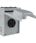 Top Shelf 50 Amp Rv Power Outlet Panel With Nema 14 50R Socket, durable grey weatherproof box with lockable cover.
