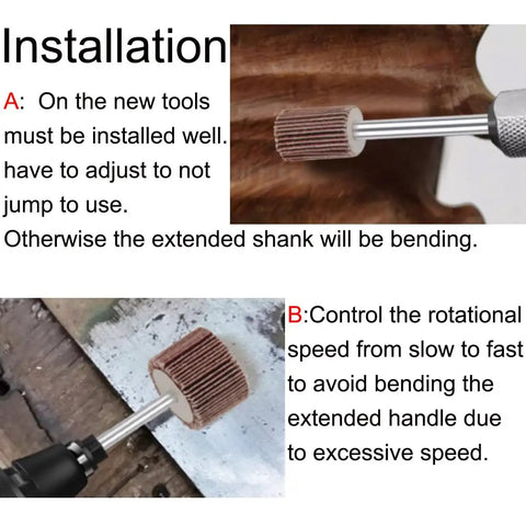 Beefed Up 90mm Extra Long Flap Wheel Sander With Quarter Inch Shank installed on a rotary tool, shown in use on wood.
