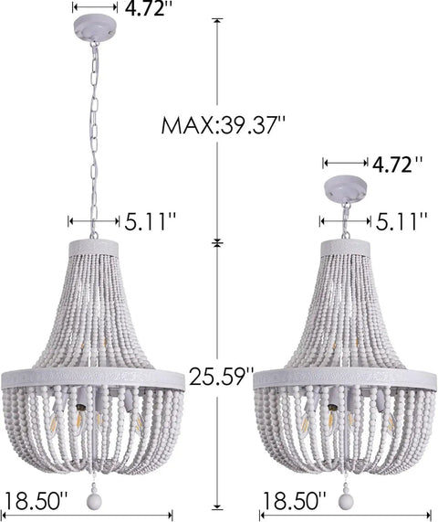 Two Six Light Boho Wood Beaded Chandelier Rustic Farmhouse Pendant Light For Dining Room Kitchen Living Room Hallway Foyer Entryway White Diameter 18.5 Inches with dimensions and chain length shown