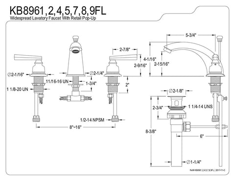 Technical diagram of Royale Widespread Bathroom Faucet In Polished Chrome And Polished Brass Finish, dimensions labeled.