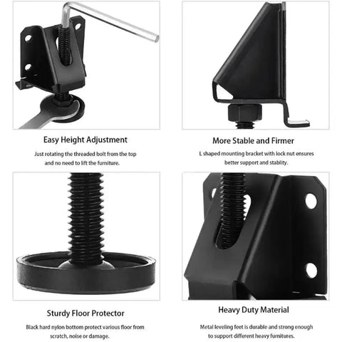 Close-up view of Beefy Black Adjustable Furniture Leveling Feet 10 Pack for Tables Chairs and Cabinets, showing threading and base.