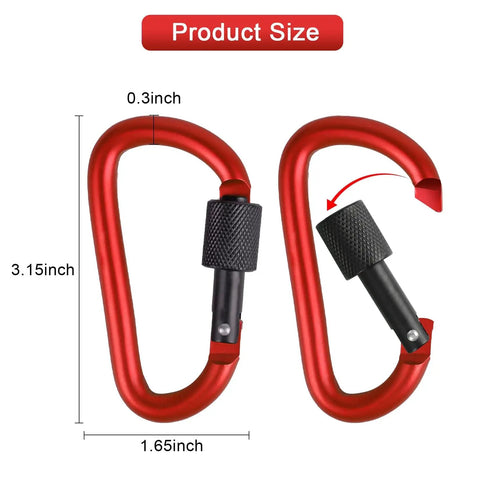 Red carabiners with screw-gate design, 3.15 in length, part of 10 Pack Aluminum D Ring Key Rings Clips Locking Carabiners For Camping Fishing And Outdoor Use