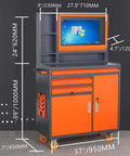 Slick Heavy Duty Tool Computer Cabinet Cart With Double Metal Drawers Rolling Workshop Rig Featuring Secured Monitor Window For Large Screens Up To 27 Inches, measurements shown.