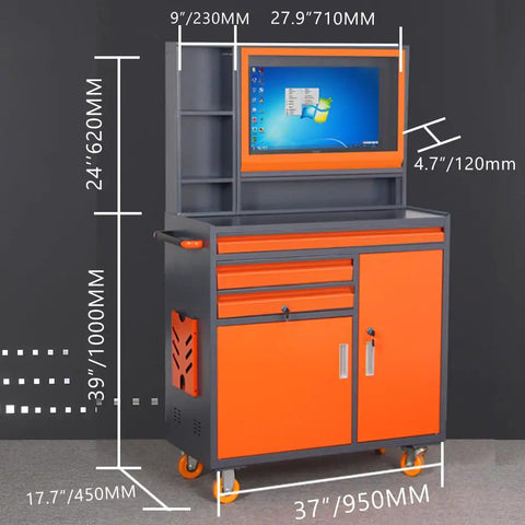 Slick Heavy Duty Tool Computer Cabinet Cart With Double Metal Drawers Rolling Workshop Rig Featuring Secured Monitor Window For Large Screens Up To 27 Inches, measurements shown.